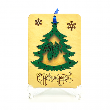 Деревянная Новогодняя открытка, Украшение на ёлку, Ёлочка с шишками, из натурального дерева